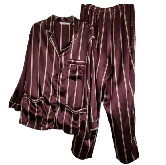 Victorias Secret Pajamas  Robe 3 Piece Set Size L/M Maxi Length Maroon & Gold - Picture 8 of 16